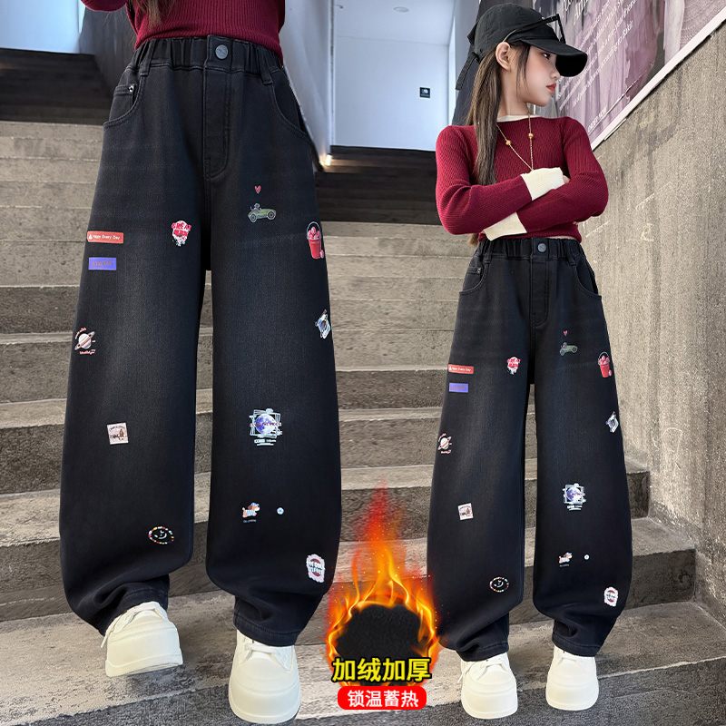 Winter Clothing Drawing - الخريف الفتيات الجينز الكرتون المطرزة الأطفال
